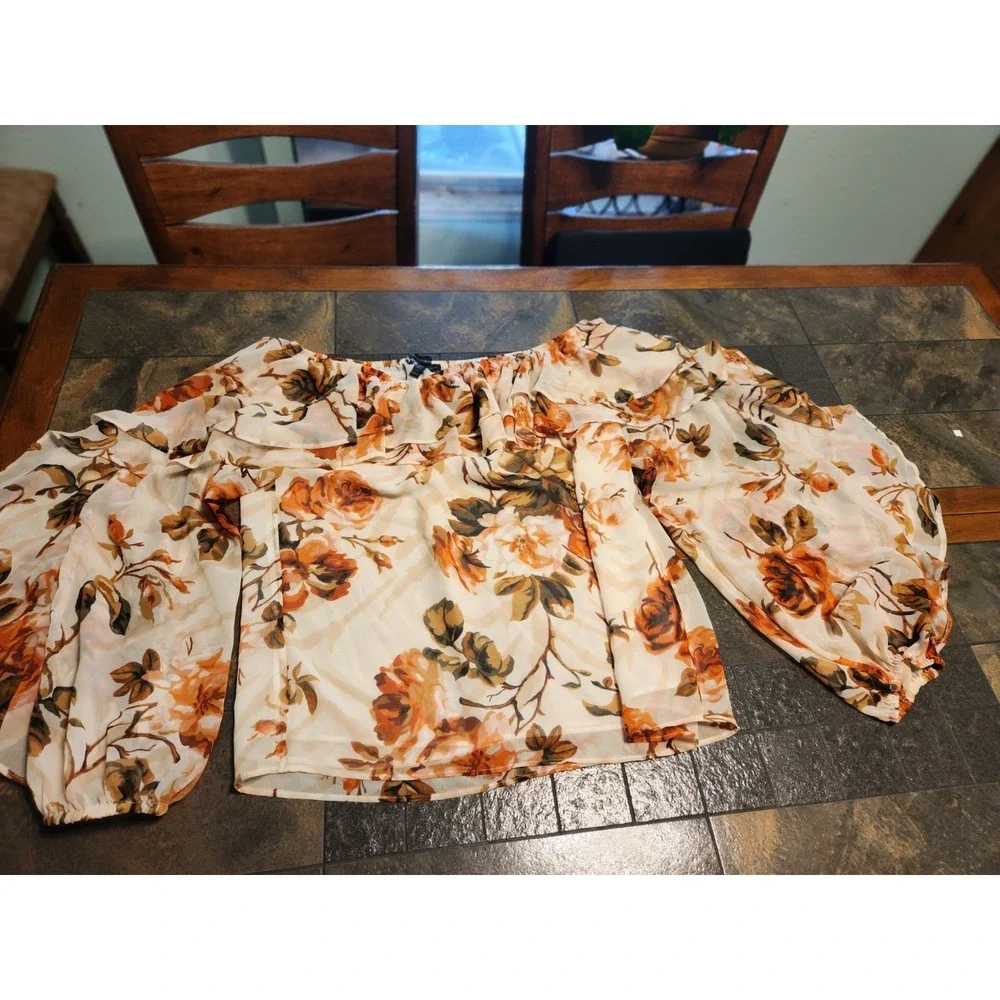 WHBM Off The Shoulder Floral Ruffle Collar Balloon Sleeve Chiffon‎ Blouse Sz M